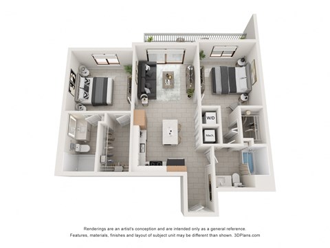 Floor plan for 2 beds, 2 baths, 985 sqft